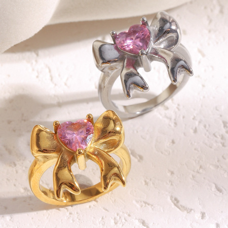Bague pour femme en acier inoxydable étanche avec nœud papillon mignon et zircon, 1 pièce, collection Simple.