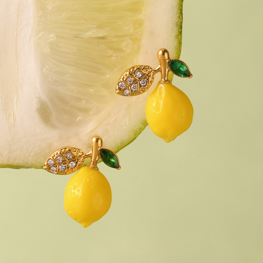 Boucles D'Oreilles Pendantes Pour Femme, En Acier Inoxydable Doré, Motif Citron Naturel (1 Paire). Image3