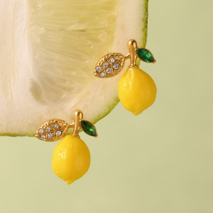 Boucles D'Oreilles Pendantes Pour Femme, En Acier Inoxydable Doré, Motif Citron Naturel (1 Paire). h5 Image3