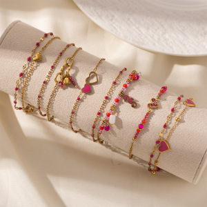 Bracelet À Breloques En Acier Inoxydable Doré, Étanche, Avec Pendentif Cœur, Collection Romantique (1 Pièce). h5 Image2