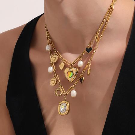 Collier pendentif femme luxueux en acier inoxydable, couleur or, avec pendentif cœur en zircon et bracelet étanche.