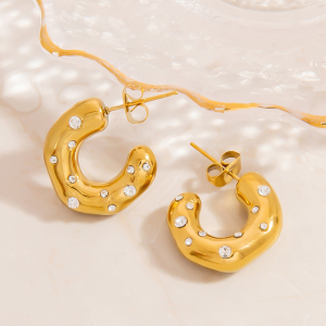 1 Paire De Boucles D'Oreilles Créoles En Acier Inoxydable Doré, Étanches, En Forme De C h5 Image5