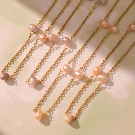Collier à maillons pour femme, 1 pièce, en acier inoxydable, couleur or, forme de perle irrégulière classique 2