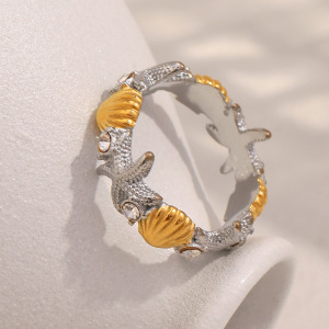 Bague Tendance En Acier Inoxydable Doré, Ornée D'Étoiles De Mer Et De Coquillages (1 Pièce) h5 Image6