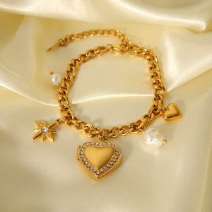 Bracelet À Breloques Daily Heart Pour Femme, En Acier Inoxydable Étanche, Couleur Or, Avec Zircon (1 Pièce). h5 Image8
