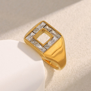 Bague De Luxe Rectangulaire Pour Tous Les Jours, En Acier Inoxydable Étanche, Couleur Or (1 Pièce). h5 Image2
