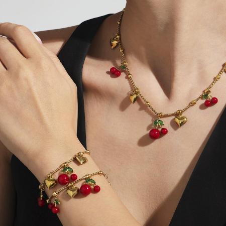 Ensemble de bijoux pour femmes en acier inoxydable doré, couleur cerise vive (1 pièce).