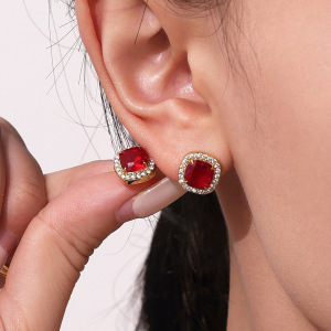 Ensemble De Bijoux Pour Femme, 1 Pièce, Classique Carré, En Acier Inoxydable, Étanche, Couleur Or, Zircon Rouge h5 Image6