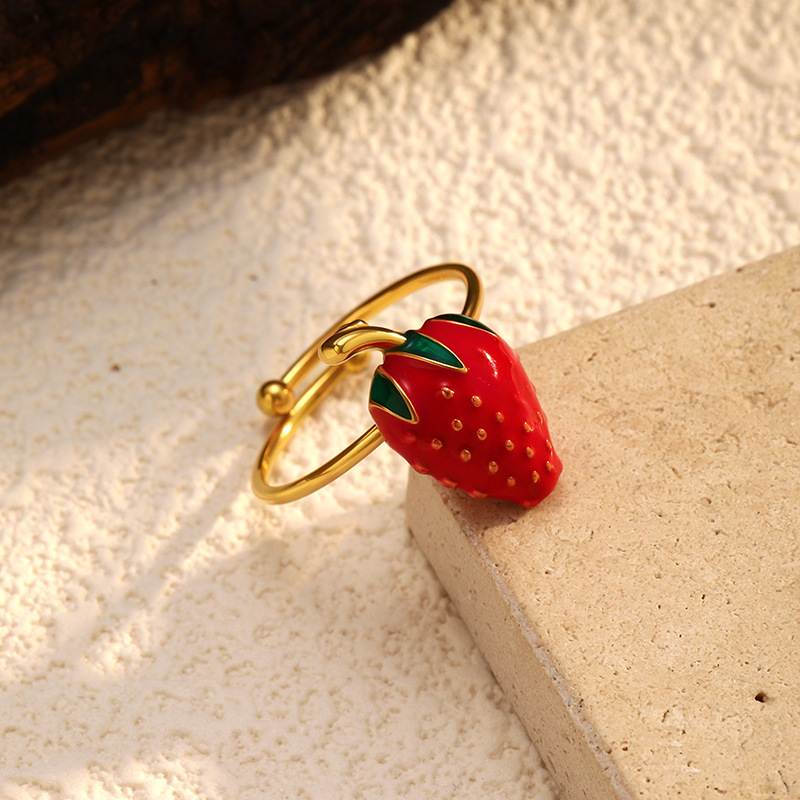 Bague Tendance En Acier Inoxydable Doré, Couleur Cerise, 1 Pièce Image3