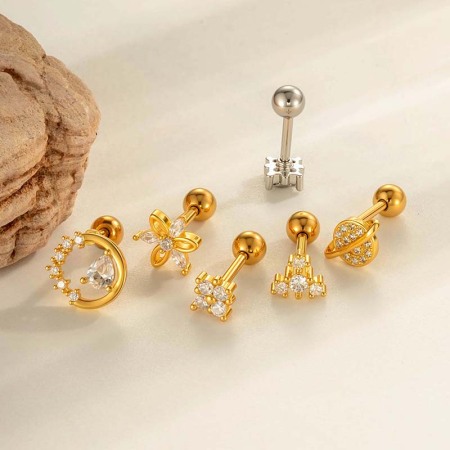 Boucle d'oreille piercing en forme de fleur, couleur cuivre et or, zircone