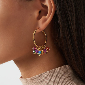 1 Paire De Boucles D'Oreilles Créoles Pour Femme, Ornées De Perles Polychromes, En Acier Inoxydable Et Couleur Or, Étanches. h5 Image3
