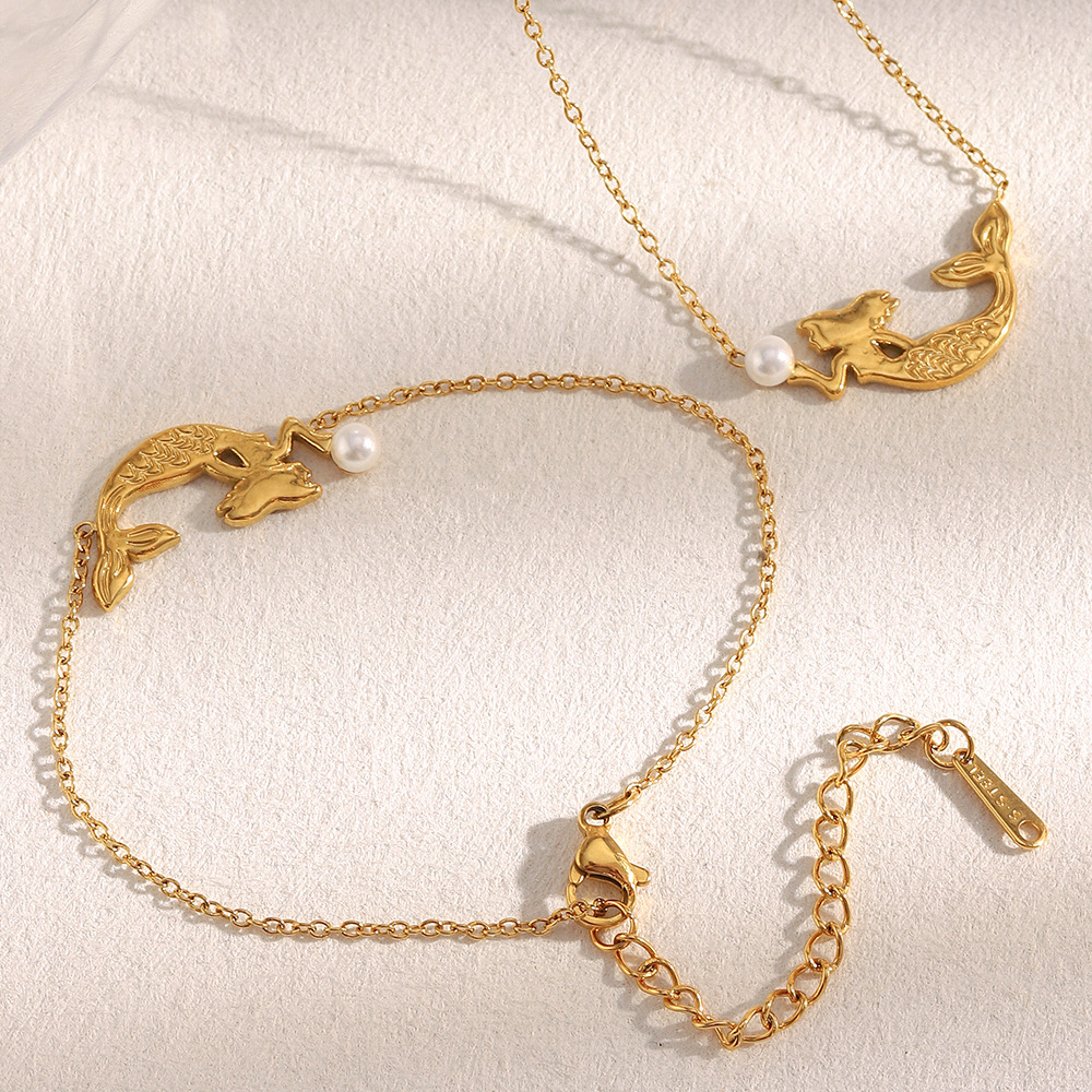 Bracelet À Breloques Pour Femme, En Acier Inoxydable, Couleur Or, En Forme De Sirène (1 Pièce). Image4