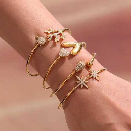 Bracelet jonc femme en acier inoxydable couleur or, motif corail, 1 pièce 2