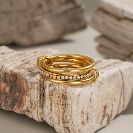 Bague simple patchwork en acier inoxydable imperméable couleur or avec strass 2