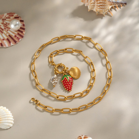 Collier pendentif fraise en acier inoxydable étanche couleur or (1 pièce) 2