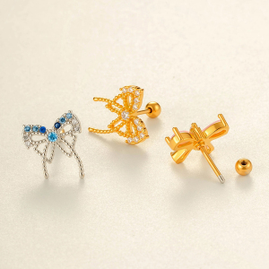 Boucle D'Oreille Piercing En Forme De Nœud Papillon En Cuivre Doré Et Zircon h5 Image3