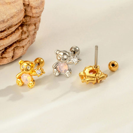 Boucles d'oreilles percées Sweet Bear en cuivre et zircon couleur or pour femme, 1 pièce 2