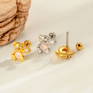 Boucles D'Oreilles Percées Sweet Bear En Cuivre Et Zircon Couleur Or Pour Femme, 1 Pièce h5 Image3
