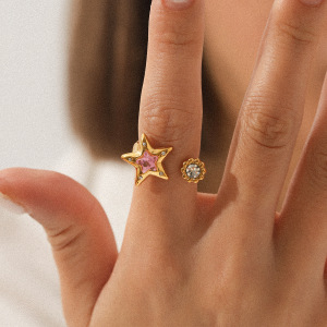Bague Daily Star En Acier Inoxydable, Étanche, Couleur Or, Avec Zircon (1 Pièce). h5 Image4