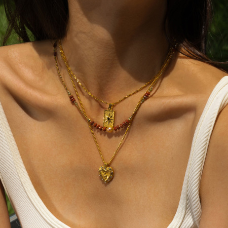 Collier pendentif rétro en forme de cœur avec pierres naturelles couleur or, 1 pièce 2