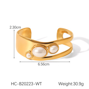 1 Paire De Bracelets Pour Femme, Collection Simple Series, En Acier Inoxydable Imperméable, Couleur Or, Avec Perles. h5 Image2