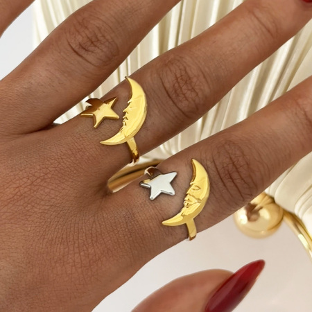 Bague tendance simple et décontractée en acier inoxydable couleur or, avec motif lune.