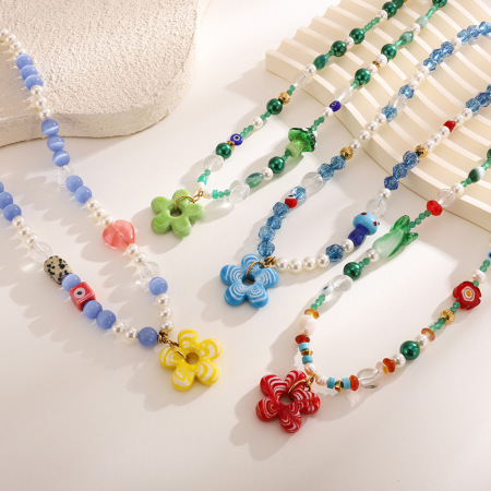 Collier de perles en verre pour femme, motif fleur de vacances, 1 pièce 2