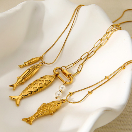 Collier pendentif tortue/poisson en acier inoxydable étanche couleur or (1 pièce)
