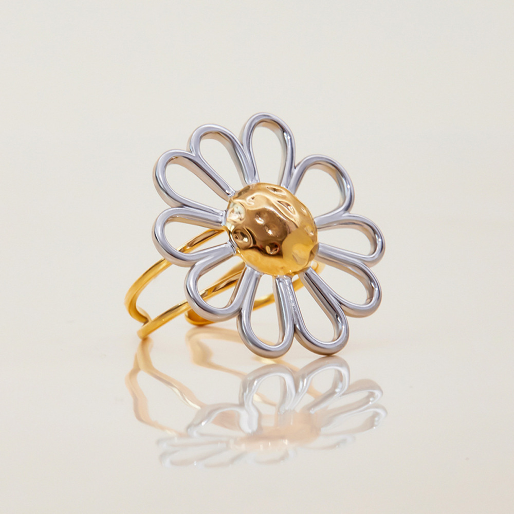 Bague Minimaliste En Acier Inoxydable Doré, Imperméable, À Motif Floral (1 Pièce) Image7