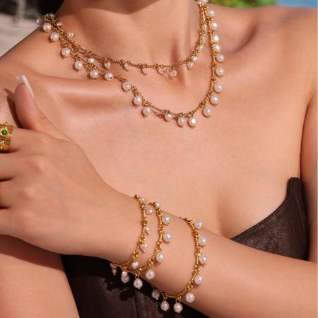 Ensemble de colliers pour femmes en acier inoxydable doré, perles classiques et acier inoxydable, imperméables, 1 pièce