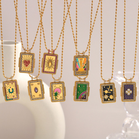 Collier pendentif femme en acier inoxydable doré, style tarot classique, collection Delicate Series (1 pièce) 2