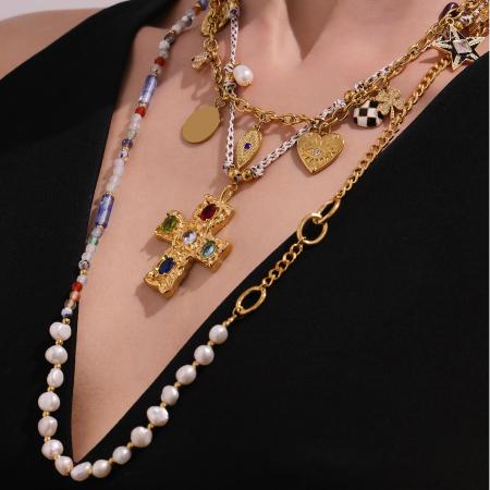 Collier pendentif femme classique en forme de croix, perles, acier inoxydable, couleur or, zircon, étanche (1 pièce)