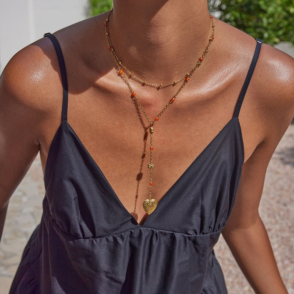 Collier Superposé Sophistiqué En Acier Inoxydable, Couleur Or, Avec Pendentif Cœur (1 Pièce) h5Image3
