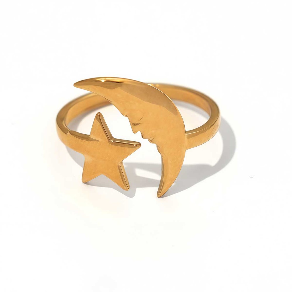 Bague Tendance Simple Et Décontractée En Acier Inoxydable Couleur Or, Avec Motif Lune. 