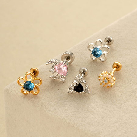 Boucle d'oreille piercing fleur cuivre or zircon 1 pièce