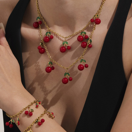 Ensemble de bijoux pour femme en acier inoxydable doré, motif cerise douce (1 pièce). 2