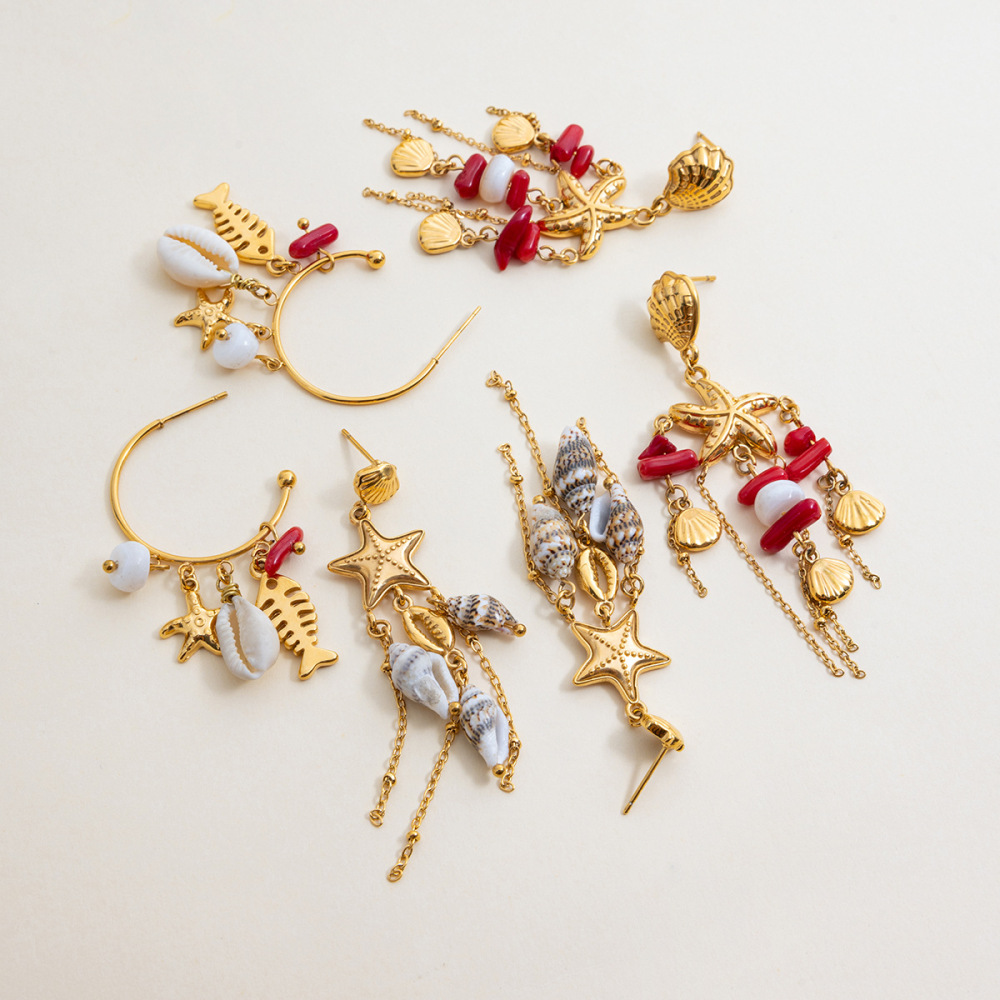 Boucles D'Oreilles Pendantes Pour Femme, En Acier Inoxydable, Couleur Or, Avec Coquillage Naturel Et Étanchéité. Image9