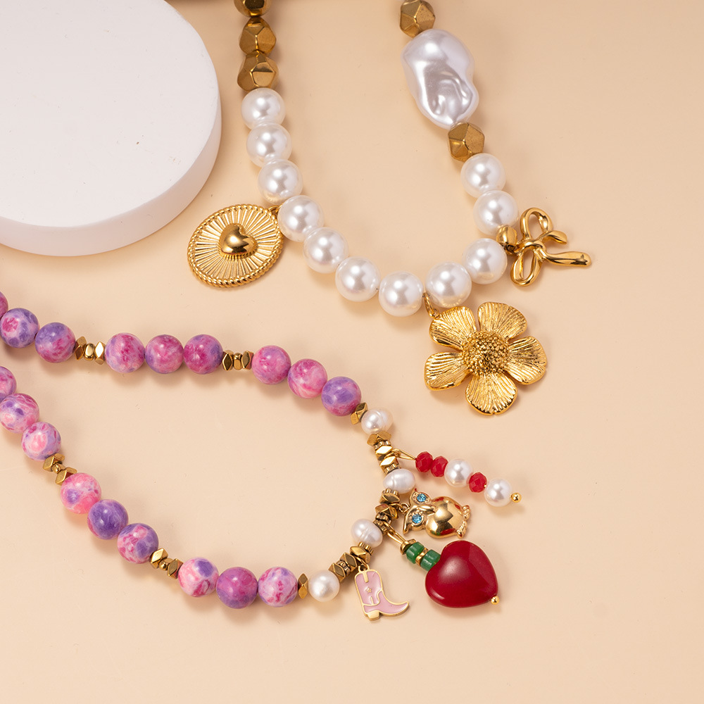 Collier De Perles Pour Femme, 1 Pièce, Cœur De Couleur Vive, Pierres Naturelles, Couleur Or Image3
