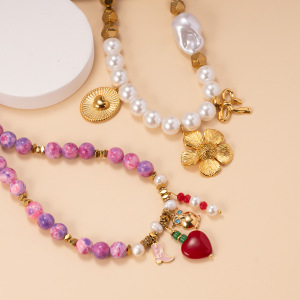 Collier De Perles Pour Femme, 1 Pièce, Cœur De Couleur Vive, Pierres Naturelles, Couleur Or h5 Image3