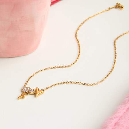 Collier pendentif femme exquis en acier inoxydable étanche couleur or, représentant un cœur et une croix (1 pièce) 2