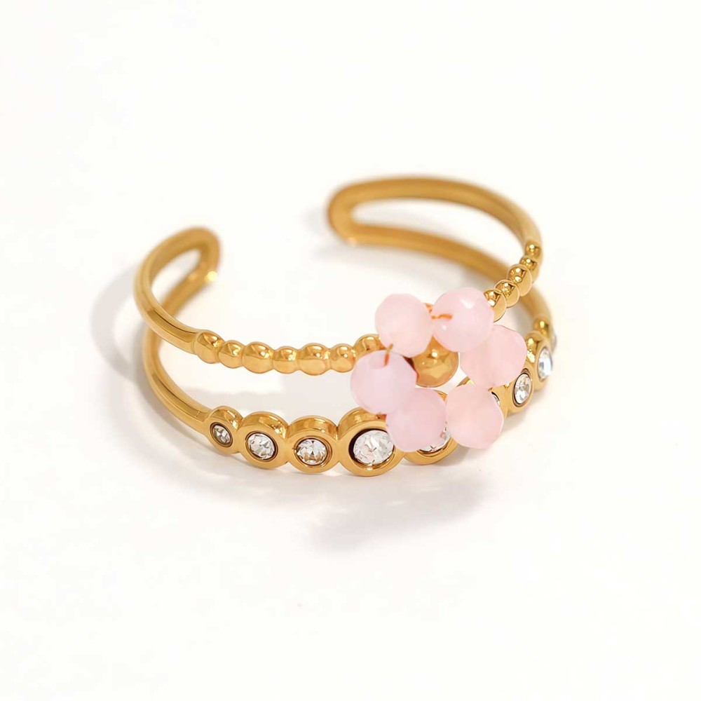 Bague En Acier Inoxydable Tissée À Fleurs, Couleur Or, Avec Perles 