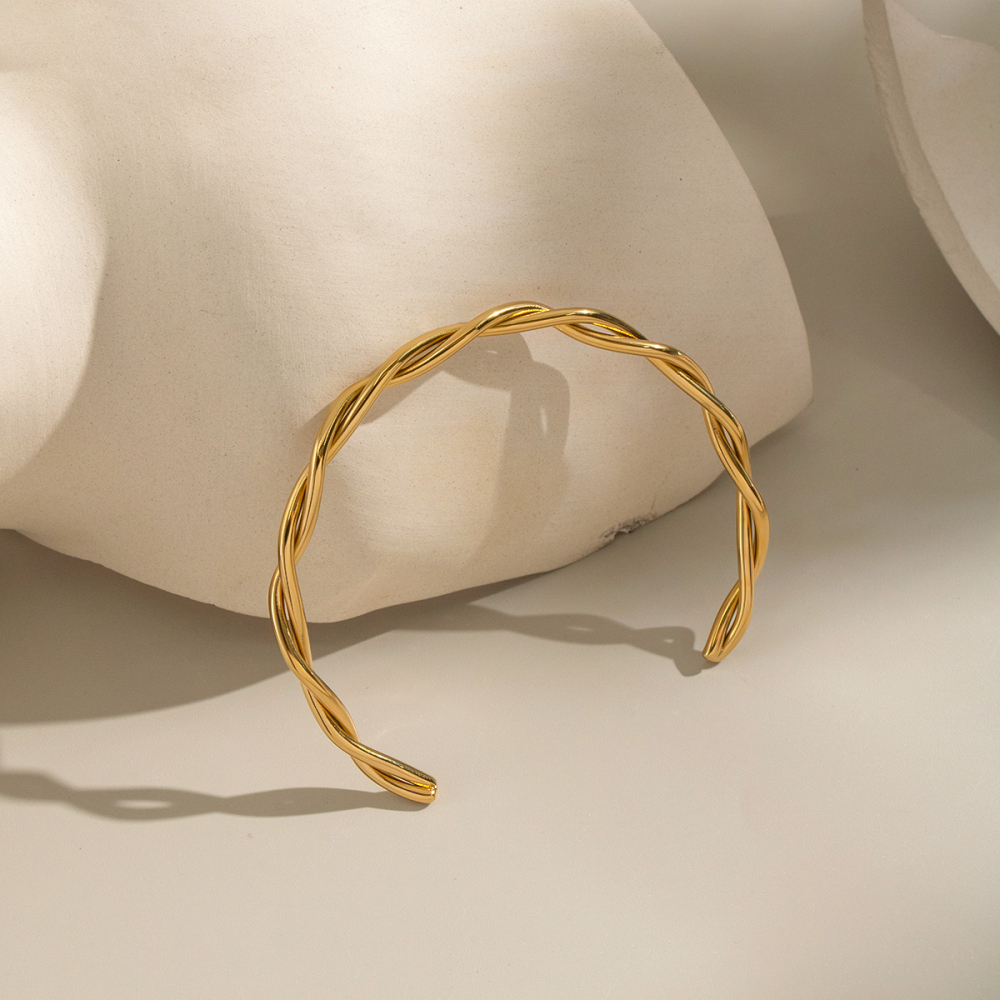 Bracelet Jonc Femme Simple Series Casual Twist En Acier Inoxydable Étanche Couleur Or (1 Pièce) Image3