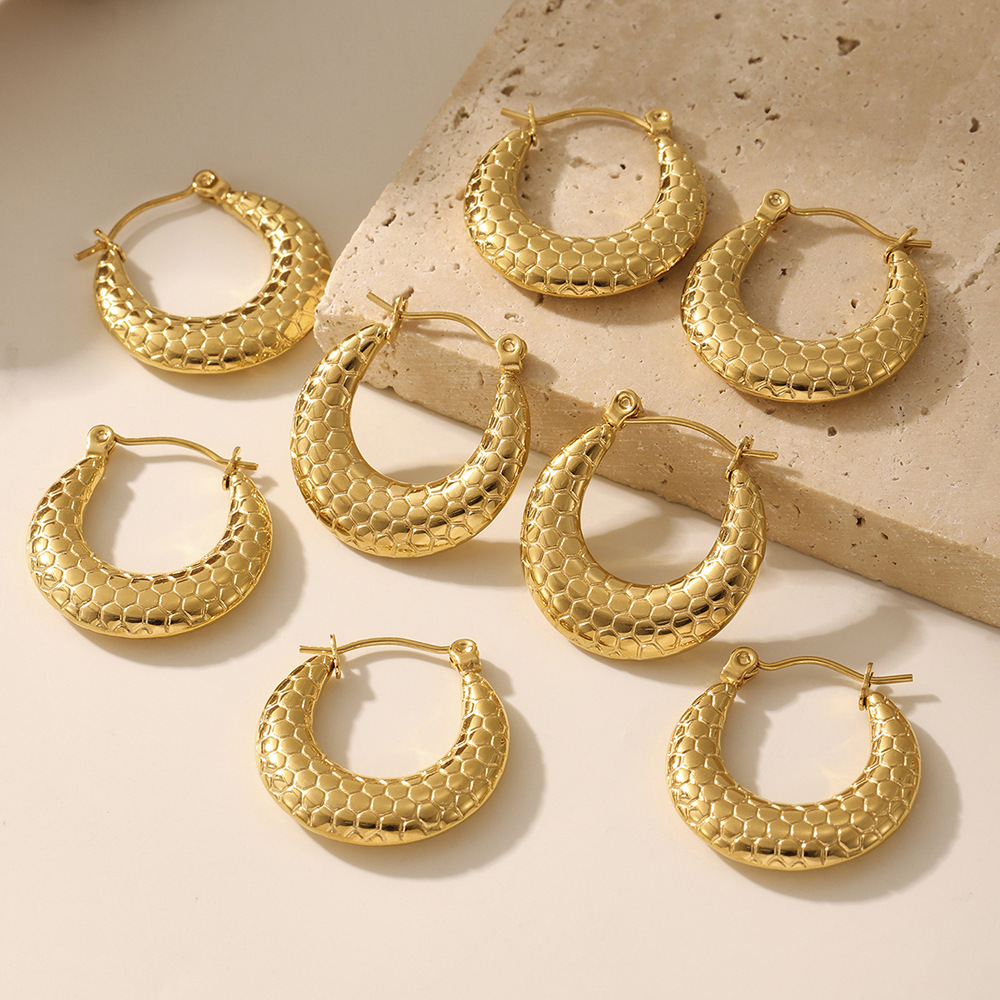 1 Paire De Boucles D'Oreilles Créoles Pour Femme, En Acier Inoxydable Imperméable, Couleur Or, Motif Nid D'Abeille. Image4