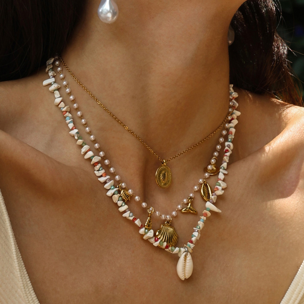 Collier De Perles Couleur Or En Pierres Naturelles De Coquillage, 1 Pièce Image4