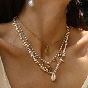 Collier De Perles Couleur Or En Pierres Naturelles De Coquillage, 1 Pièce h5 Image4