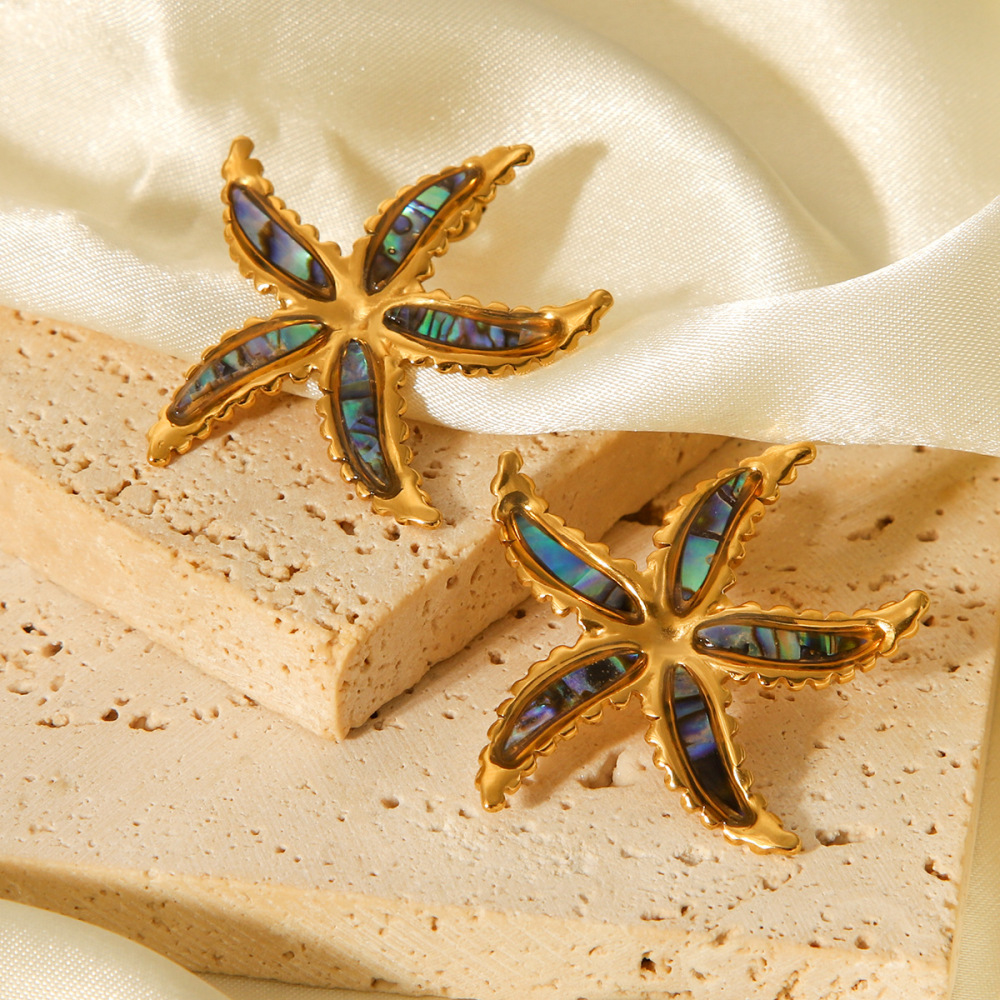 1 Paire De Boucles D'Oreilles Puces Pour Femme, Motif Étoile De Mer, En Acier Inoxydable Étanche, Couleur Or. Image4