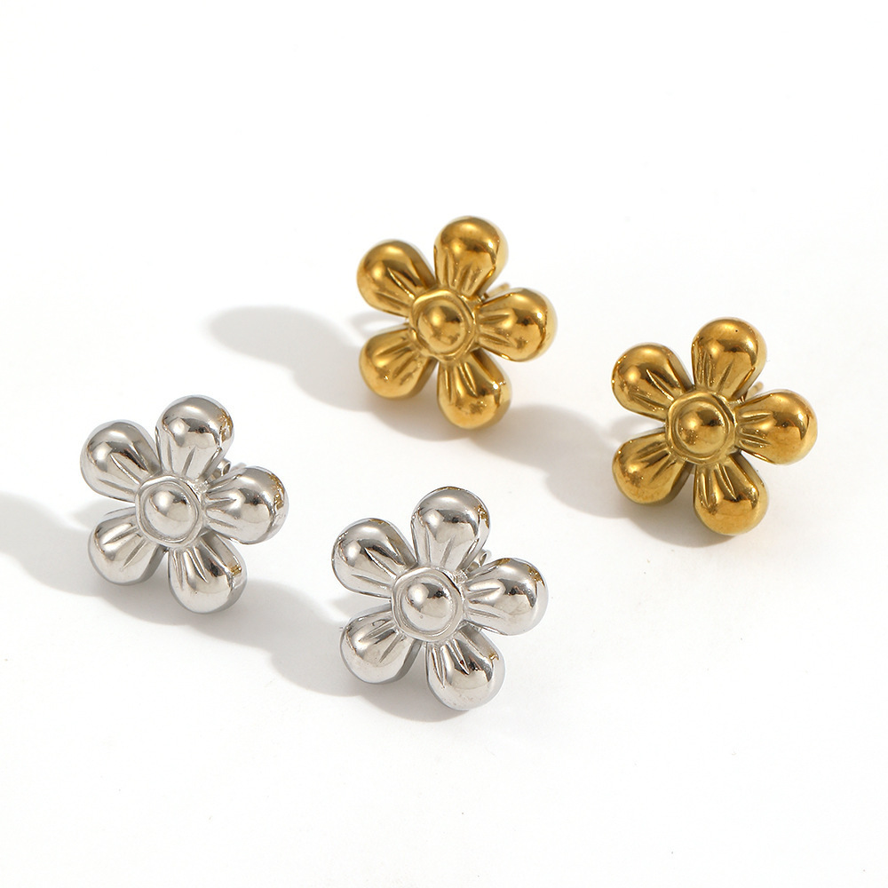 1 Paire De Boucles D'Oreilles À Clous En Acier Inoxydable Doré, Imperméables, En Forme De Fleur Image3