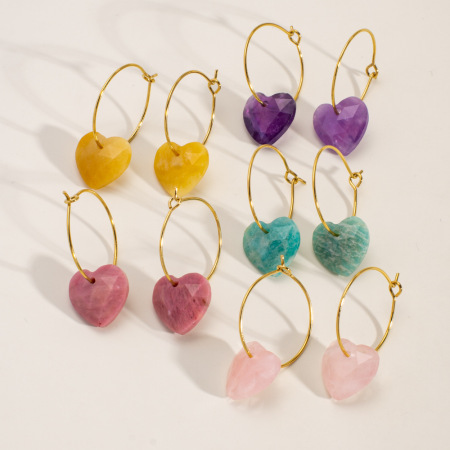 1 paire de boucles d'oreilles créoles élégantes en forme de cœur pour femme, série Simple, pierres naturelles 2