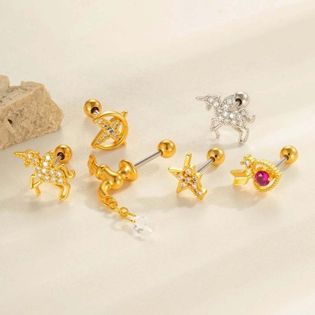Boucles d'oreilles perçantes pour femme, 1 pièce, motif licorne, cuivre, or, zircone
