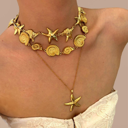 Collier pendentif étoile de mer en acier inoxydable étanche couleur or (1 pièce) 2
